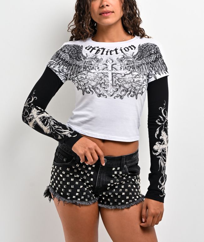 Affliction Ominous Shadow Black & White 2fer Long Sleeve Crop T-Shirt - Affliction