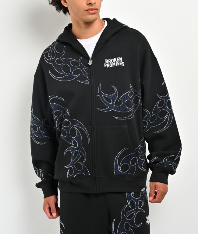 Broken Promises Ultrablade Rhinestone Black Zip Hoodie - Broken Promises