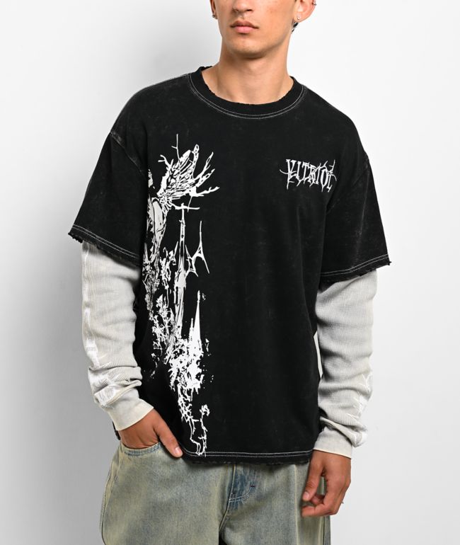 Vitriol Dragon Den Black & Grey Wash 2fer Long Sleeve  Boxy T-Shirt - Vitriol