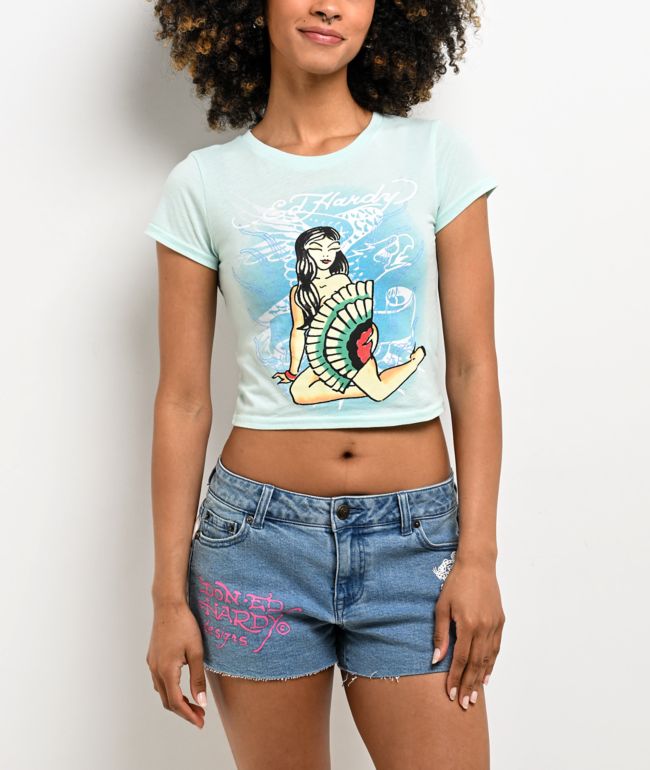 Ed Hardy Geisha Blue Crop T-Shirt - Ed Hardy
