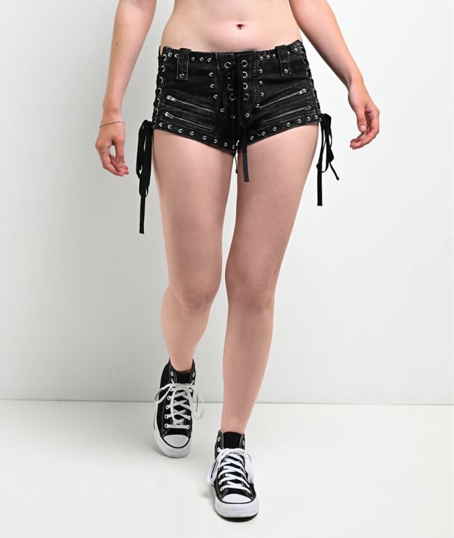 Mebon Rebel Studded Black Wash Micro Shorts - Mebon