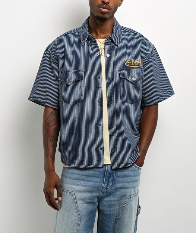 Von Dutch The Dean Navy Stripe Crop Short Sleeve Button Up Shirt - Von Dutch