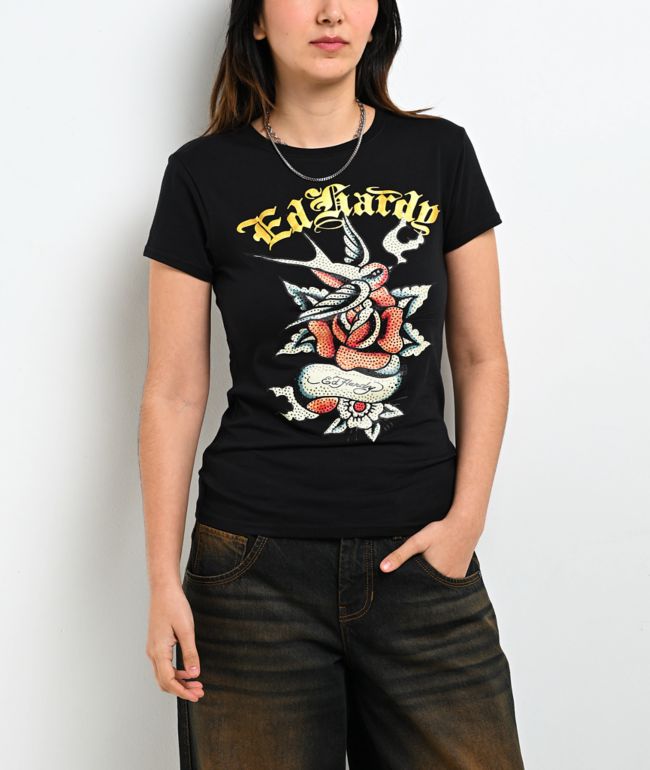 Ed Hardy Swallow Rose Black T-Shirt - Ed Hardy