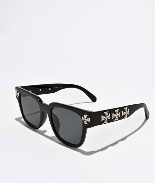 Rhinestone Cross Black Sunglasses - ACE