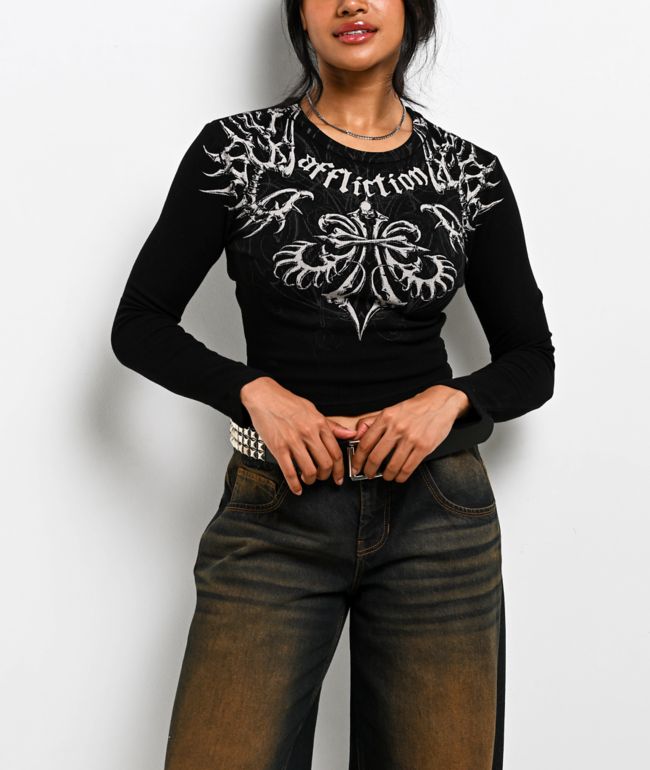 Affliction Skeleton Black Long Sleeve Thermal Crop T-Shirt - Affliction