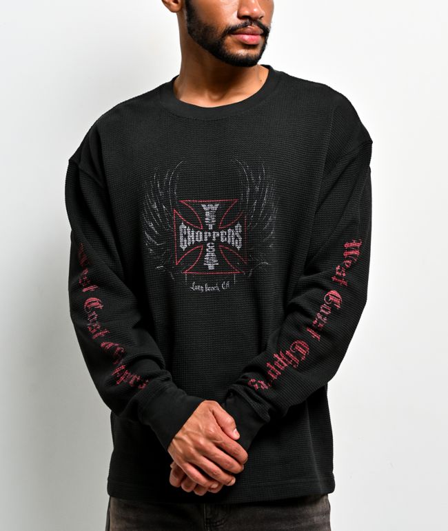 West Coast Choppers Rebel Wings Black Wash Thermal Long Sleeve T-Shirt - West Coast Choppers