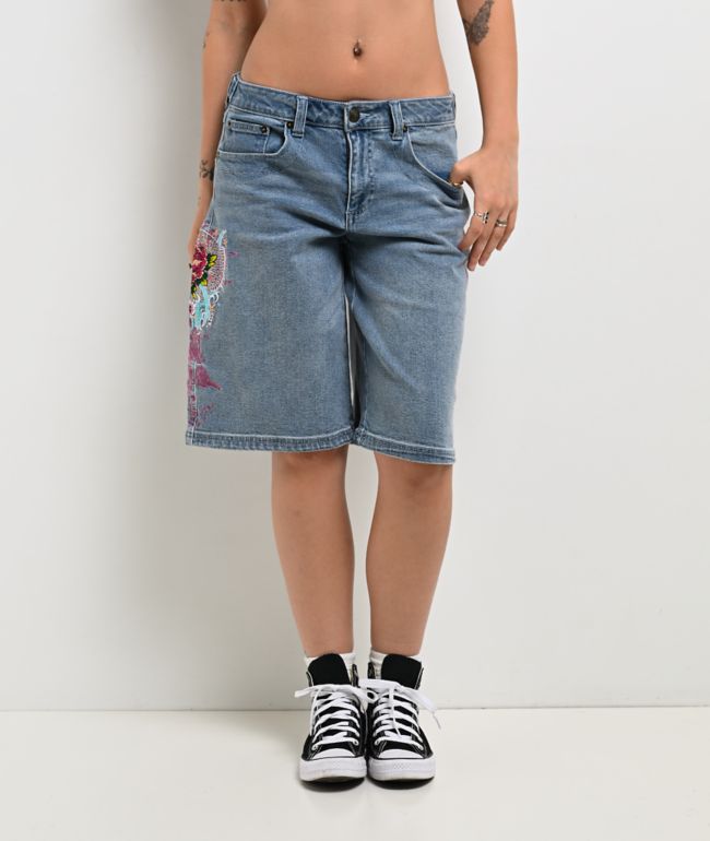 Ed Hardy Diamond Flower Light Wash Jean Shorts - Ed Hardy