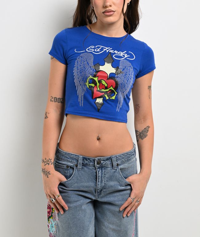 Ed Hardy Sacred Heart Wings Blue Crop T-Shirt - Ed Hardy