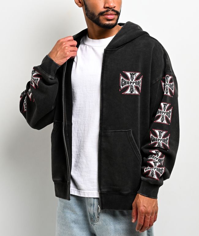 West Coast Choppers Red Outline Black Wash Zip Hoodie - West Coast Choppers