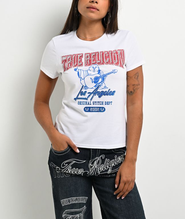 True Religion Rhinestone Buddha Red, White & Blue T-Shirt - True Religion