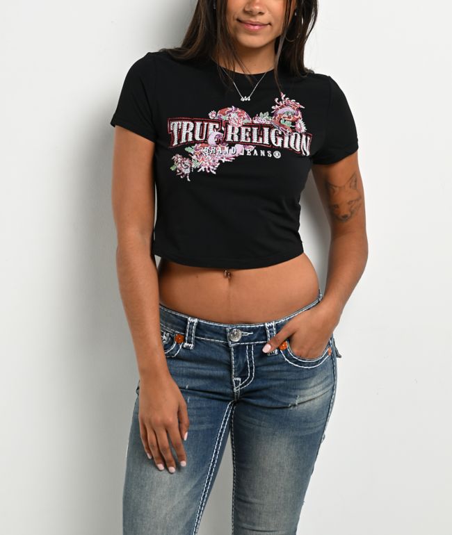True Religion Crystal Snake Black Crop T-Shirt - True Religion
