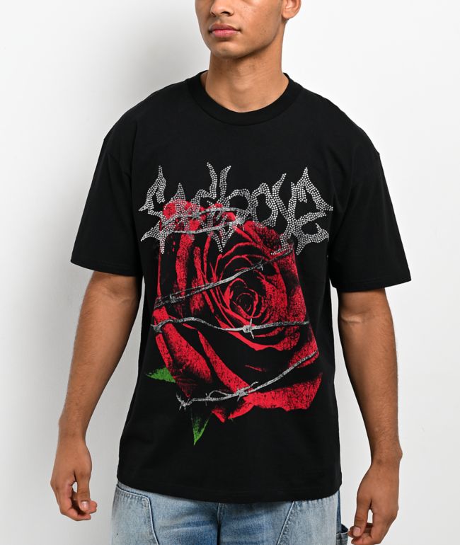$AD BOYZ by Junior H Rose Wire Rhinestone Black T-Shirt - SAD BOYZ