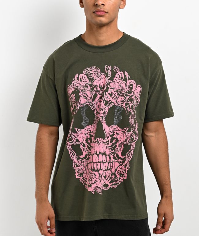 $AD BOYZ by Junior H Cherub Skull Rhinestone Olive T-Shirt - SAD BOYZ