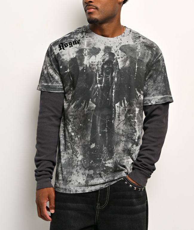 Affliction x Rogue Floating Grey & Black 2fer Long Sleeve T-Shirt - Affliction