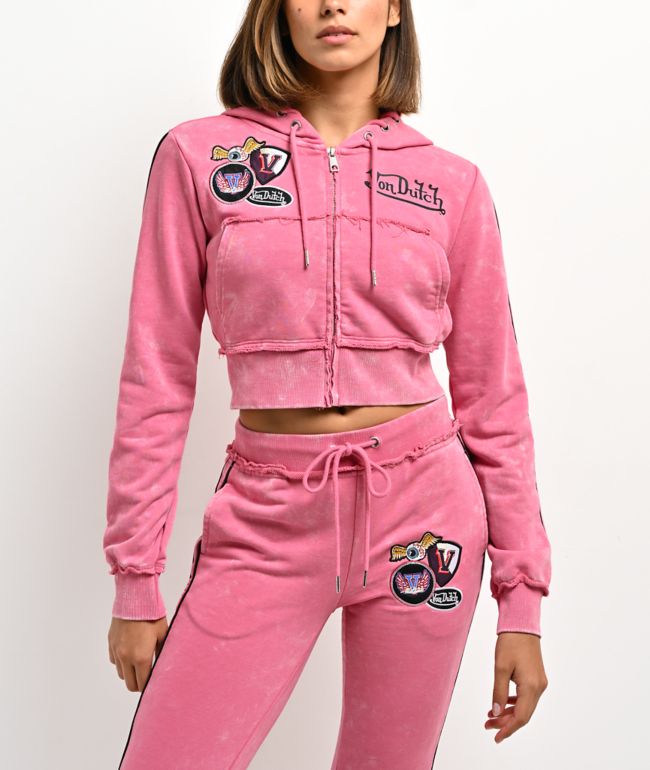 Von Dutch Rope Pink Wash Crop Zip Hoodie - Von Dutch