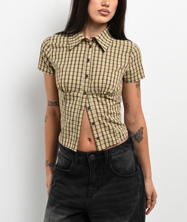 Pretty Garbage Lorane Yellow Plaid Crop Button Up Shirt - Pretty Garbage