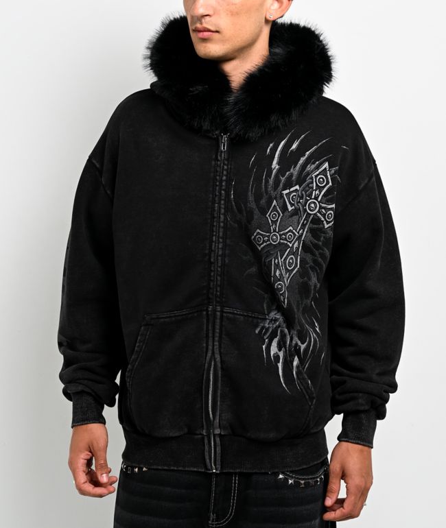 Affliction Decimation Faux Fur Black Zip Hoodie - Affliction