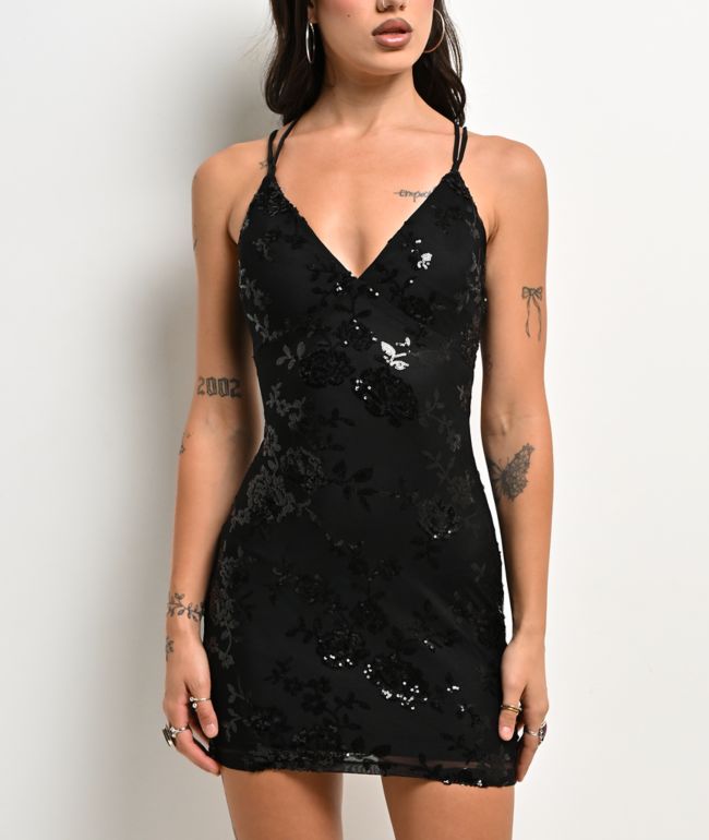 Lovesome Sequin Tie Back Black Dress - Lovesome