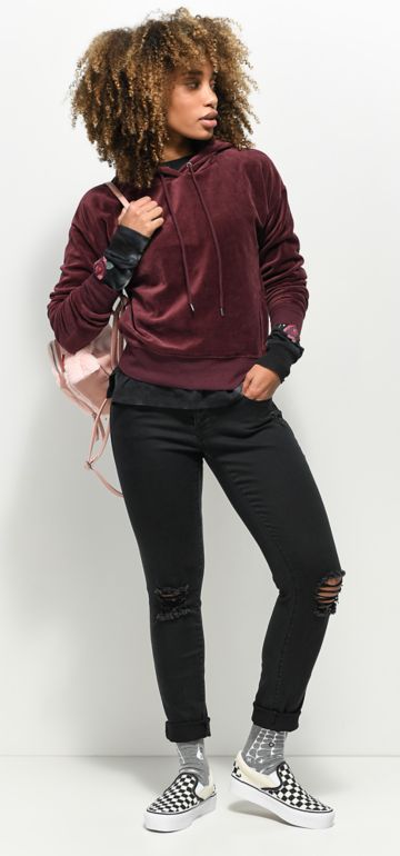 Outfits 7 Lucia Velour Hoodie and Tessa Skinny Jeans with Vans Checkered  Platform Slip-Ons and Unionbay Blush Backpack | Zumiez