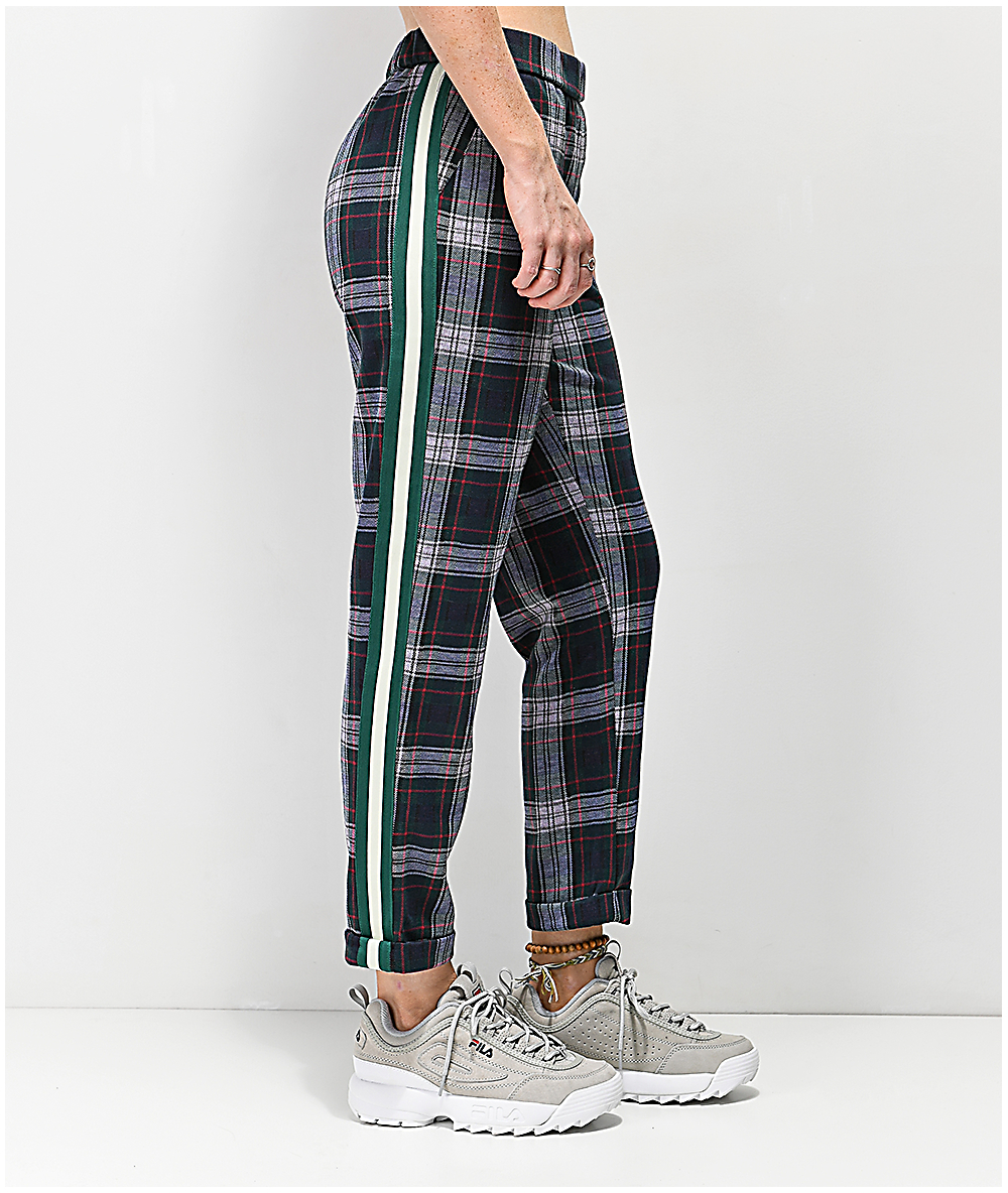 plaid pants with stripe