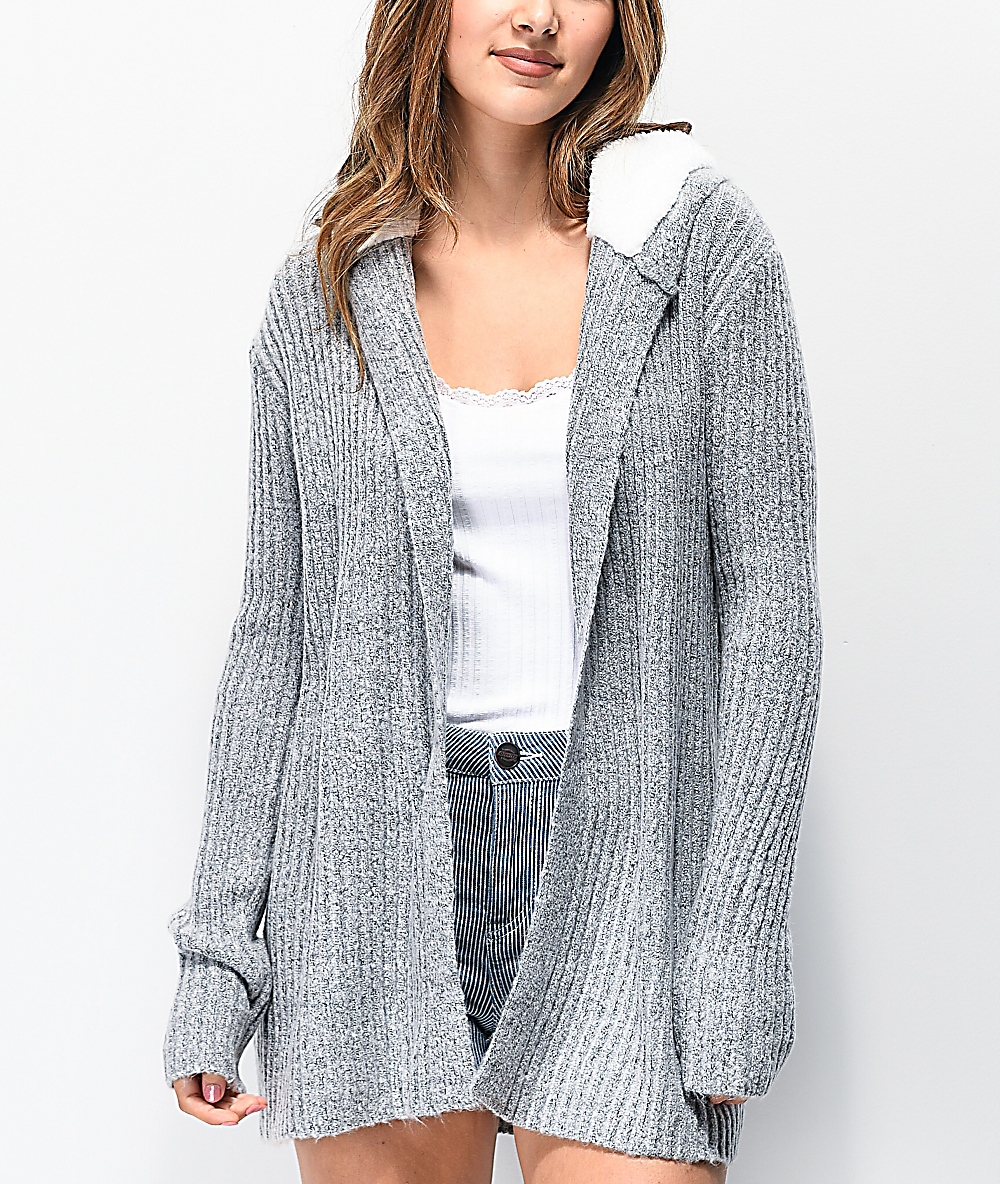 hooded open front sherpa sweater