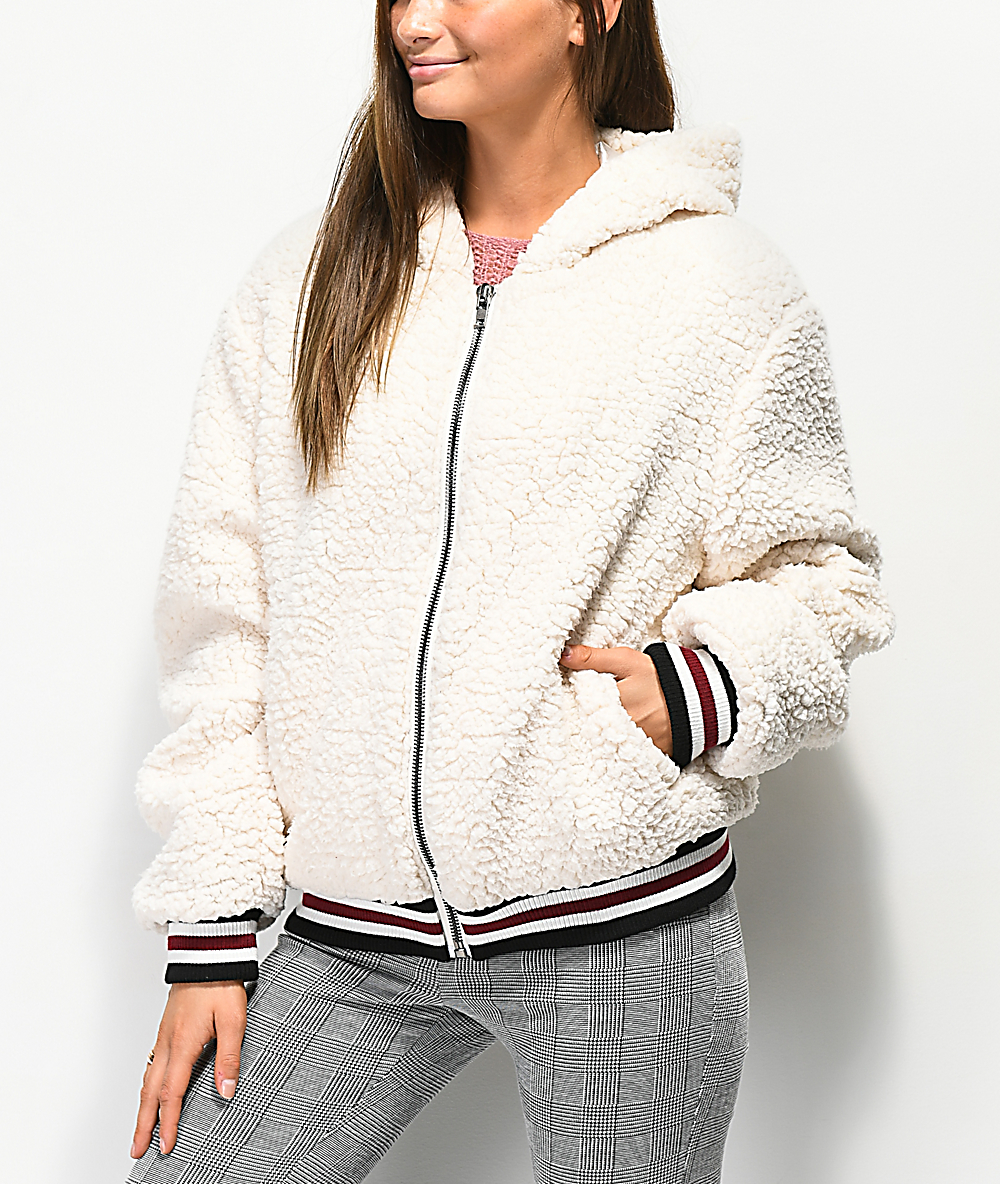 white fluffy zip up jacket