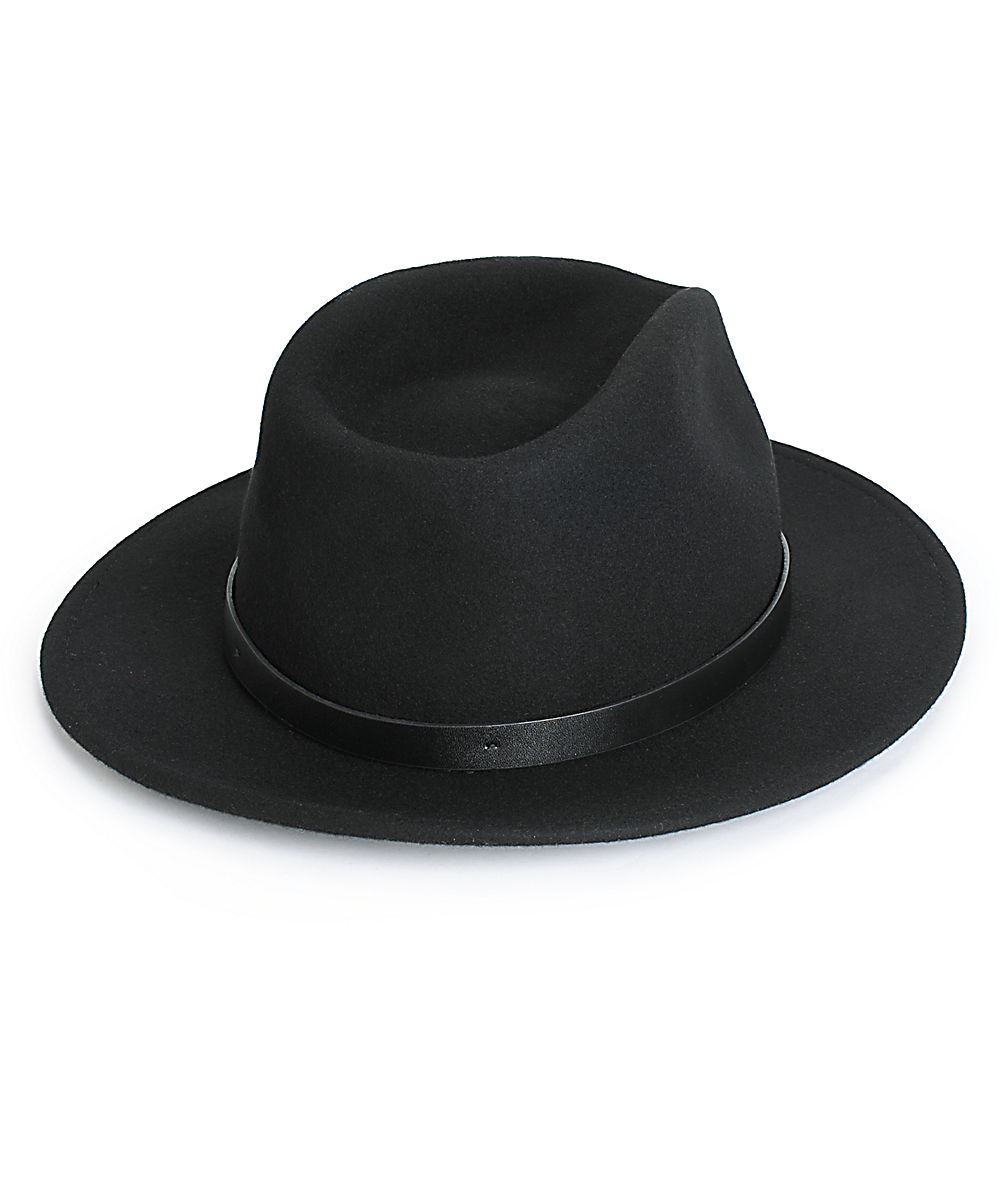 Brixton /"Messer/" Fedora Hat Black-Black Wide Brim Wool Felt Leather Band Cap