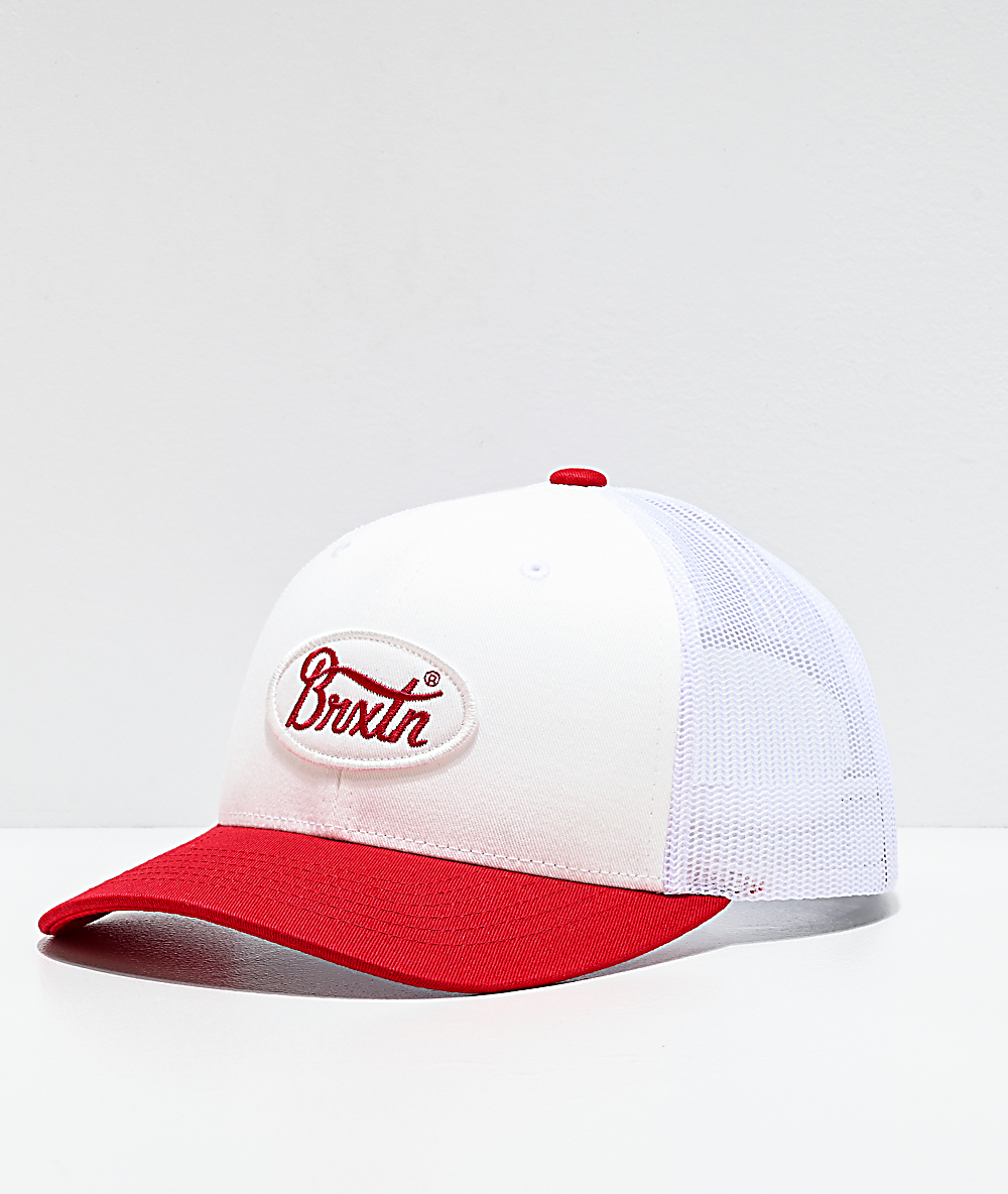 red and white trucker hat