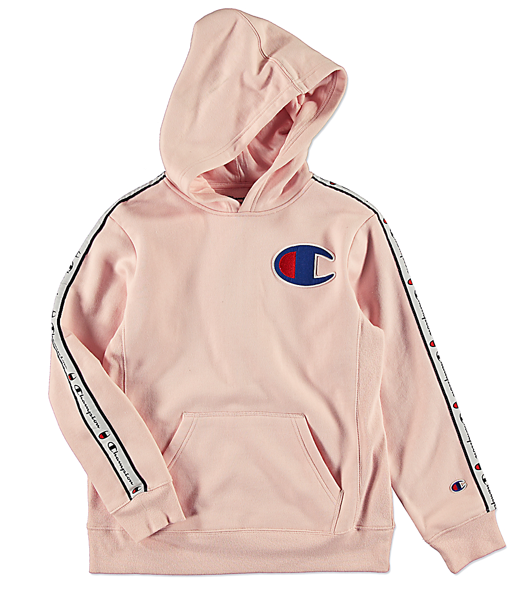 pink champion tape hoodie