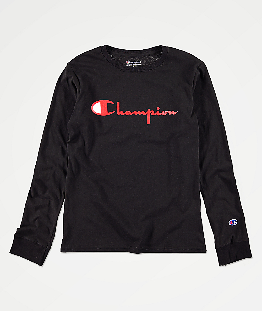 black red and blue champion shirt