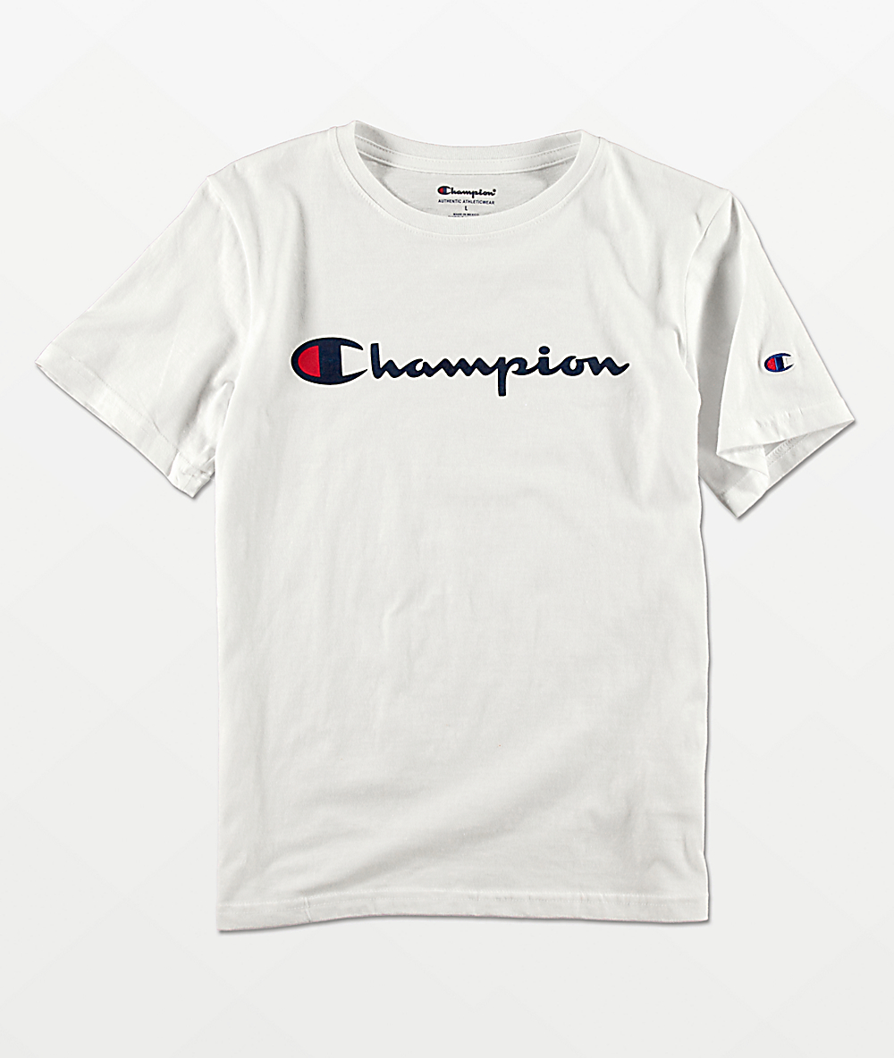white and black champion shirt