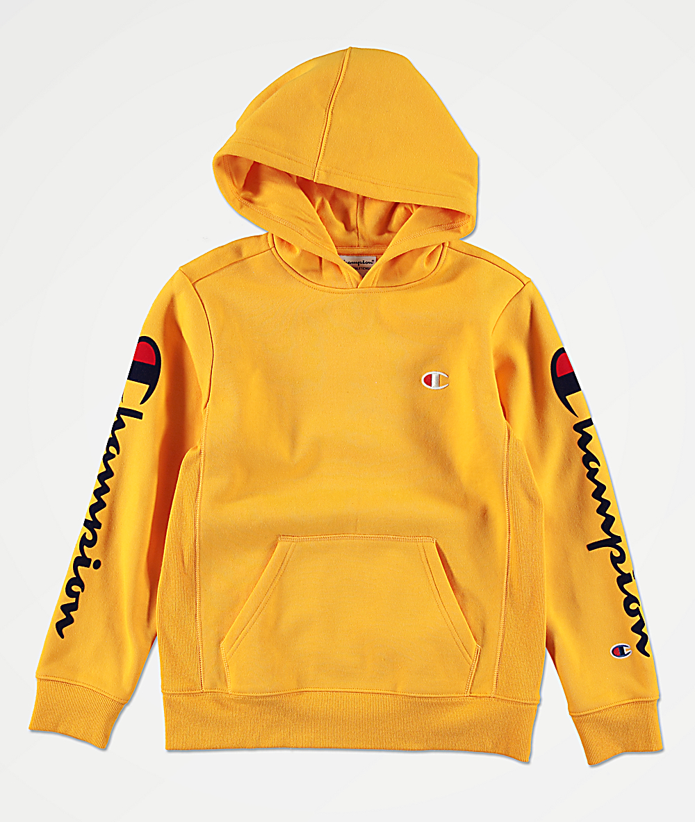 yellow champion hoodie with champion on sleeve