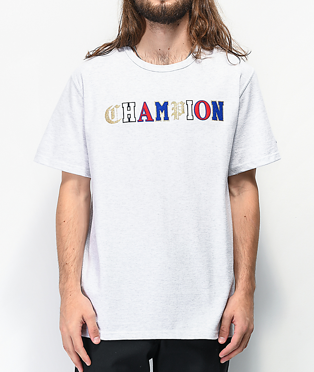 grey and white champion shirt