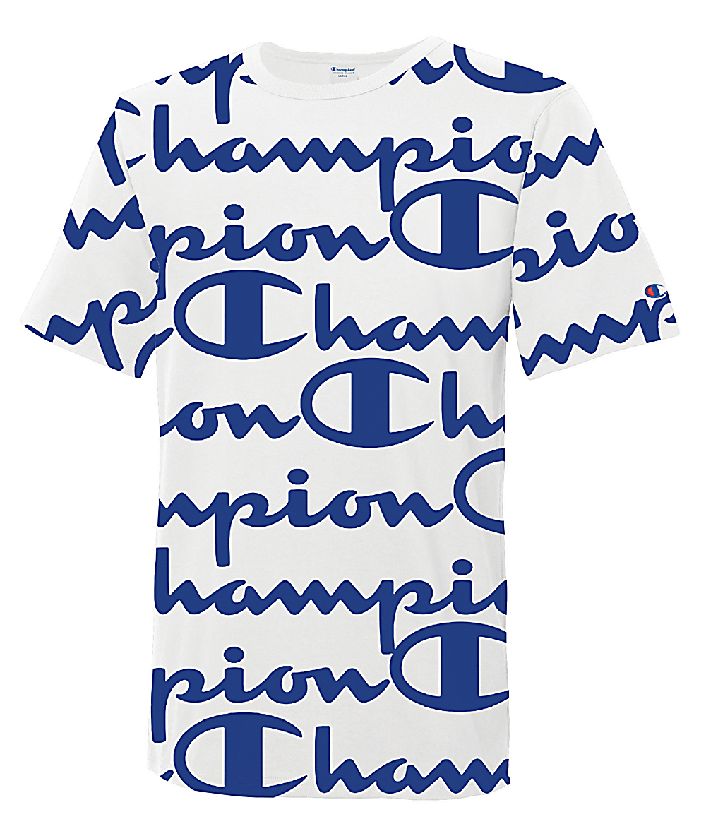 white and blue champion shirt