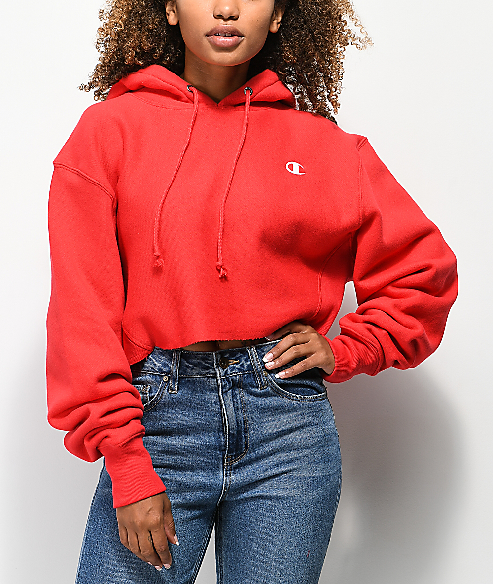 red cropped champion hoodie