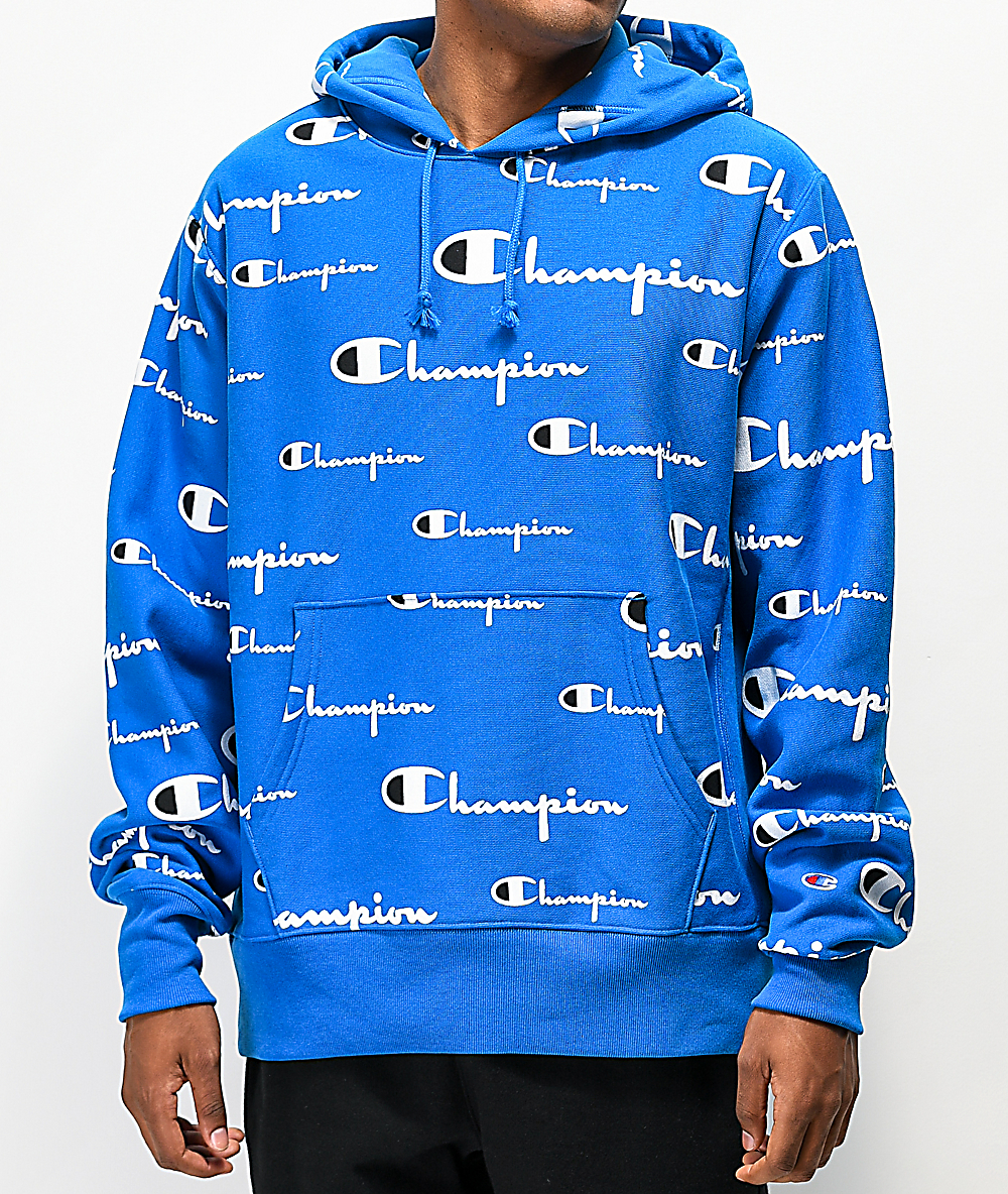 blue champion hoodie all over print