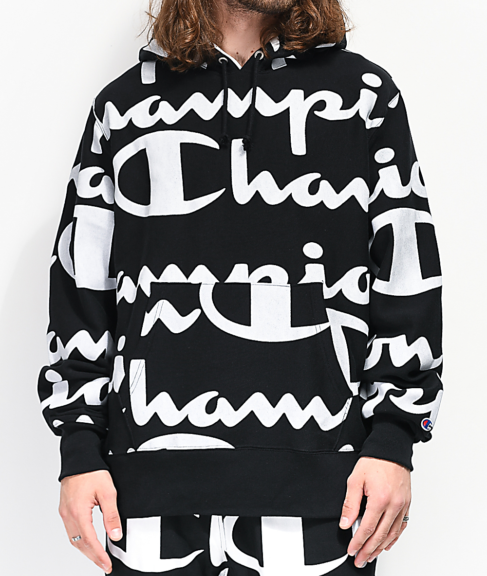 champion all over hoodie black