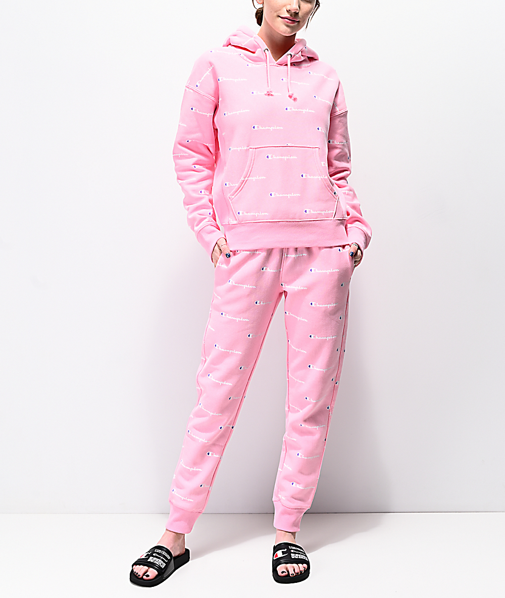 champion all over print hoodie pink