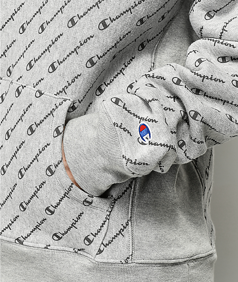 champion reverse weave allover script grey hoodie