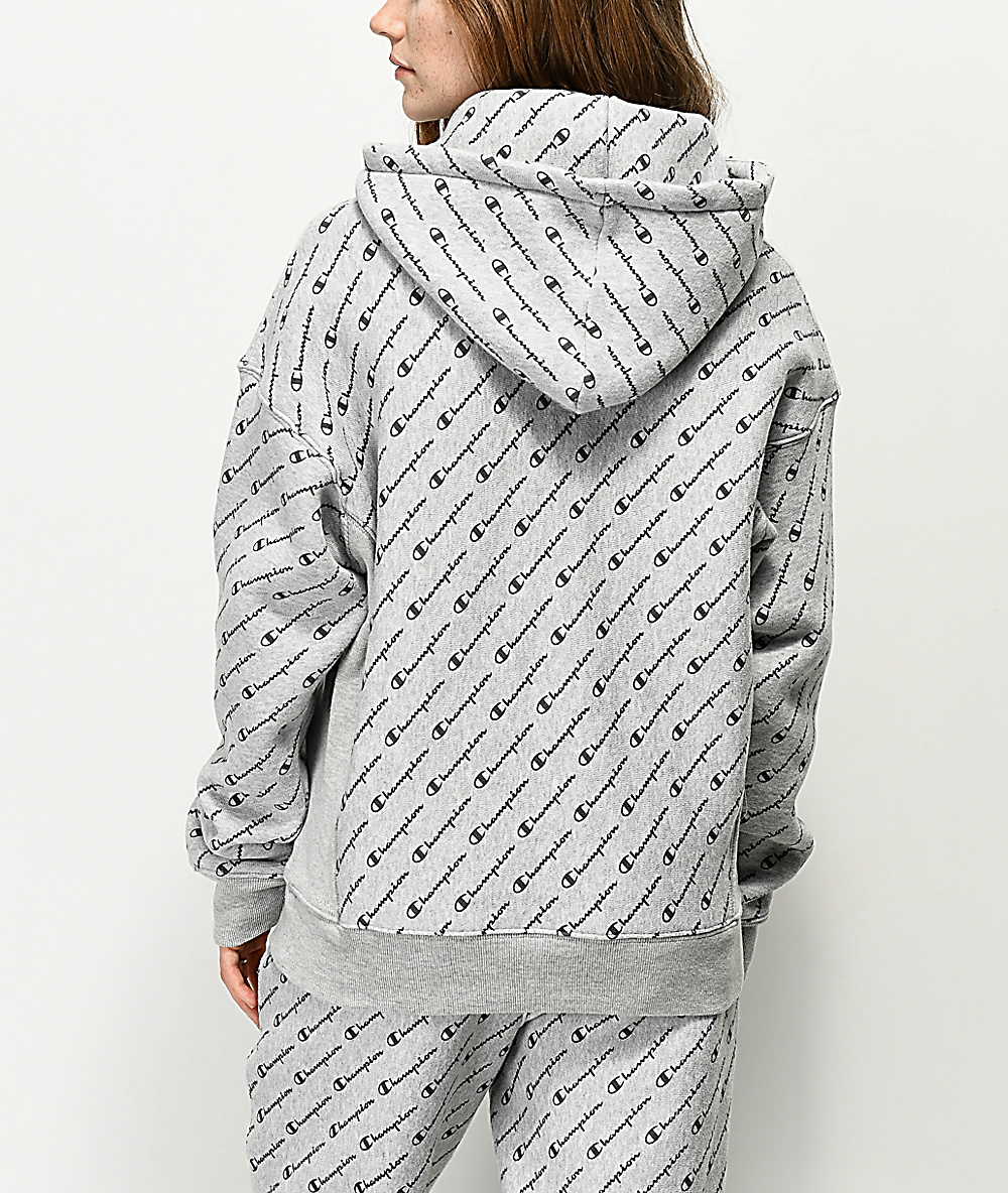 champion reverse weave allover script grey hoodie