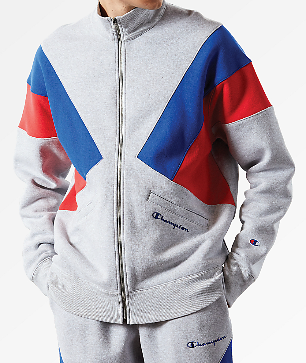 champion puffer jacket red white blue