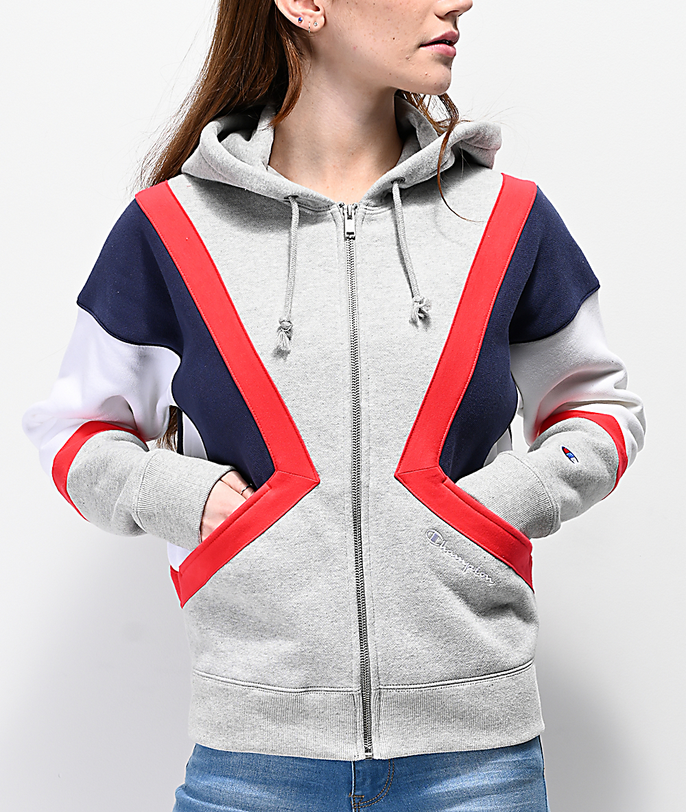 champion grey red and blue hoodie