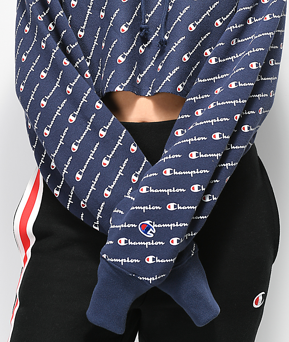 champion reverse weave diagonal logo blue crop hoodie