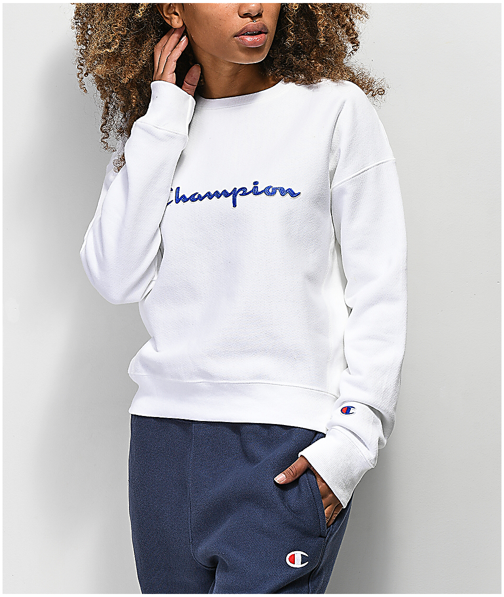 champion reverse weave chenille script crew neck sweatshirt