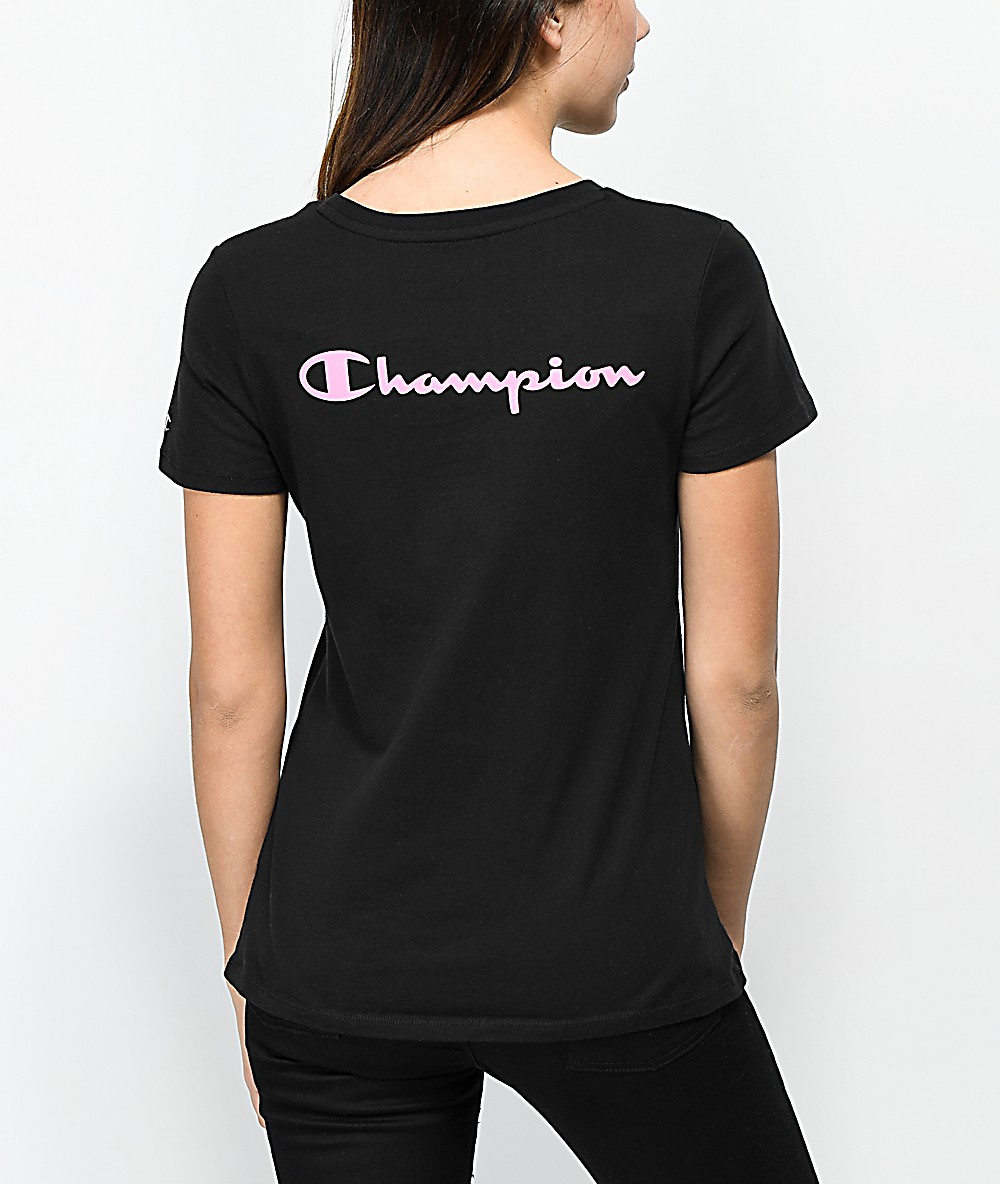 pink and black champion shirt