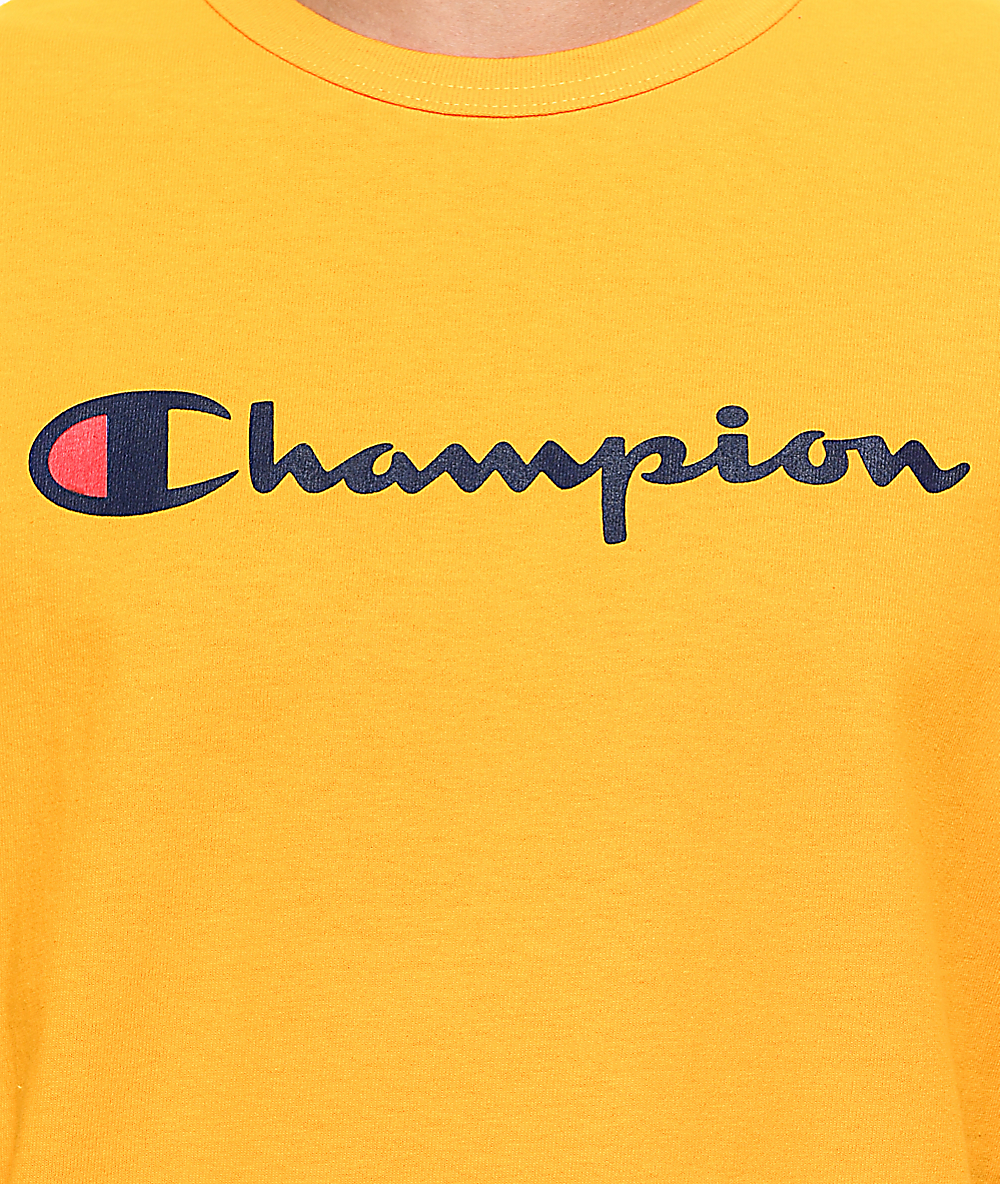 yellow and red champion shirt
