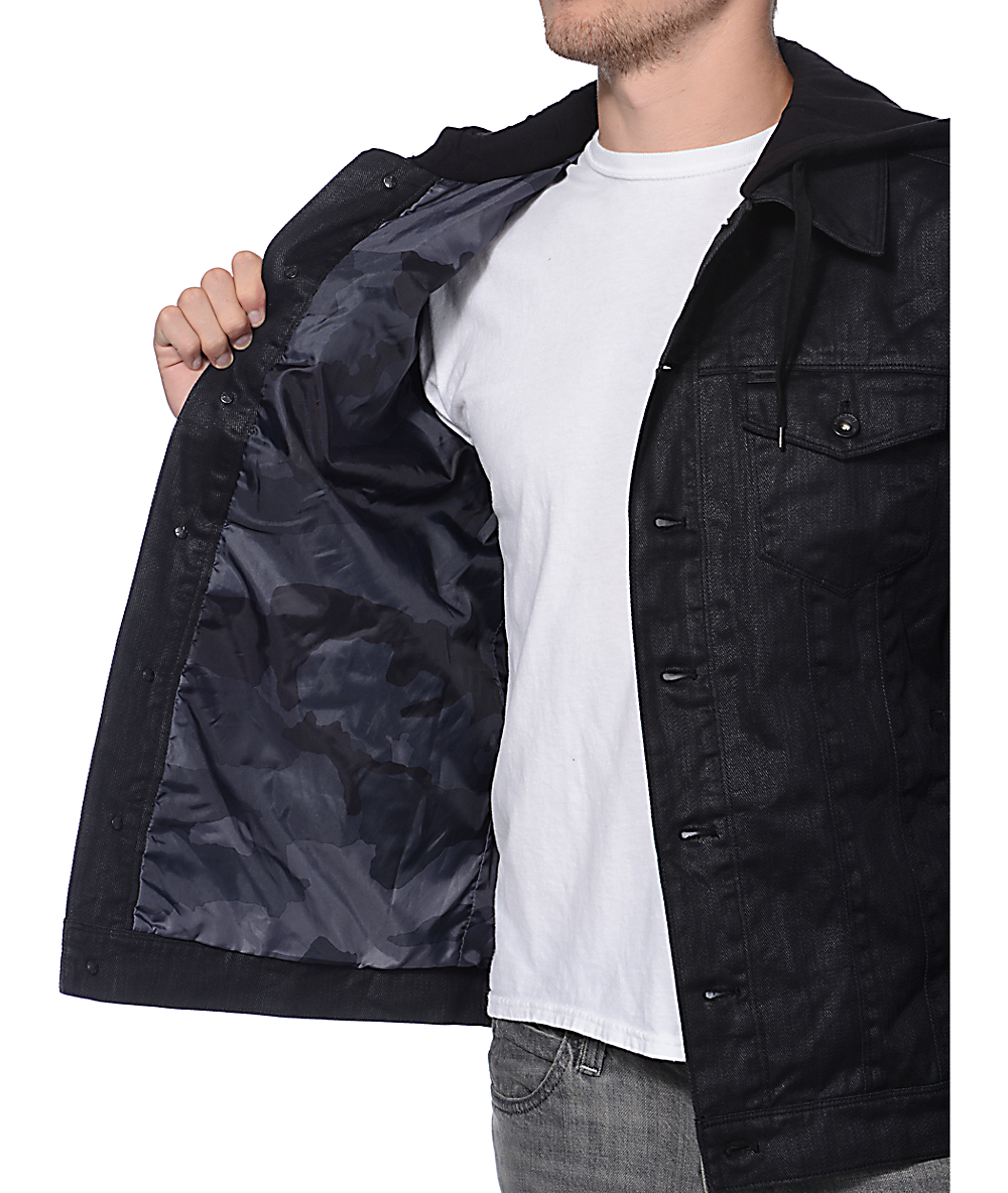 Dravus Parker Black Denim Faux Leather Hooded Jacket