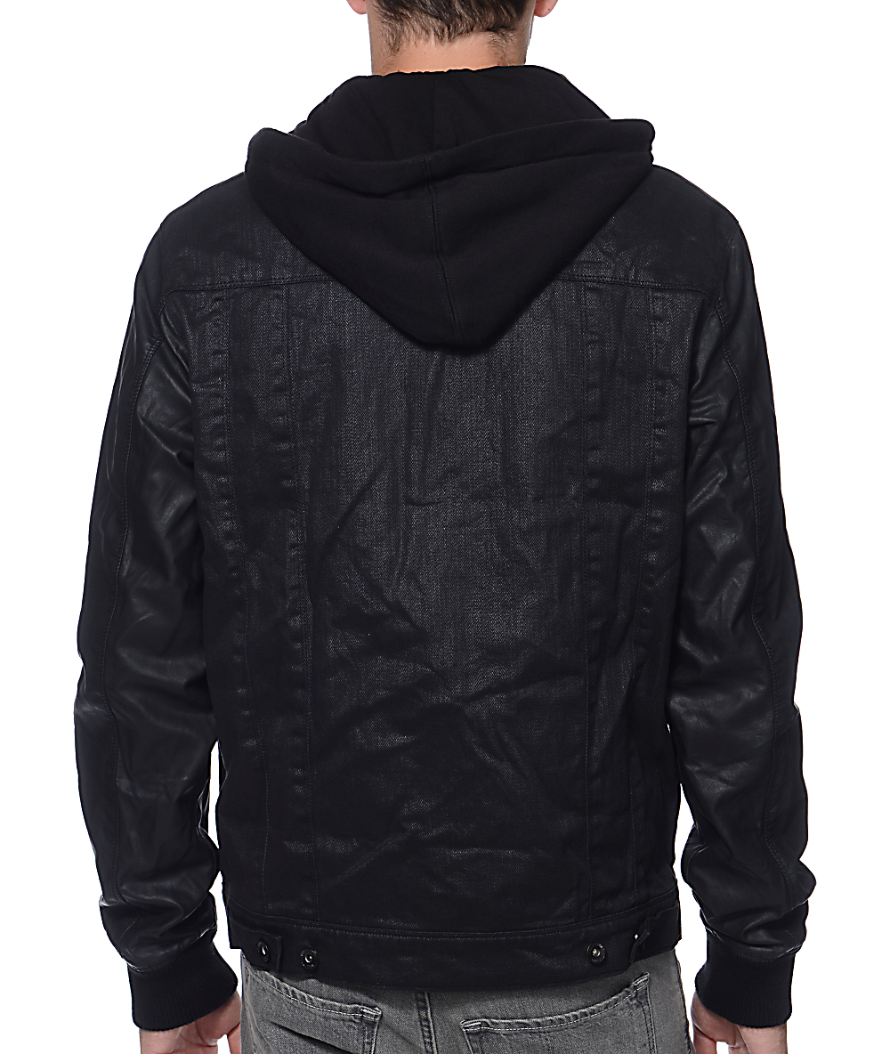 Dravus Parker Black Denim Faux Leather Hooded Jacket