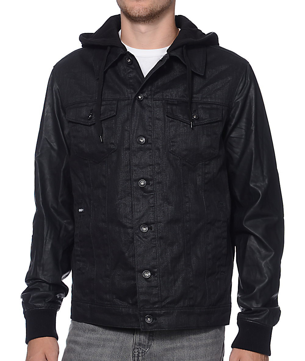 Dravus Parker Black Denim Faux Leather Hooded Jacket