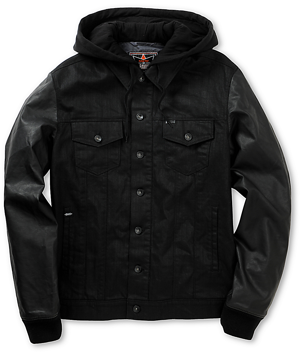 Dravus Parker Black Denim Faux Leather Hooded Jacket